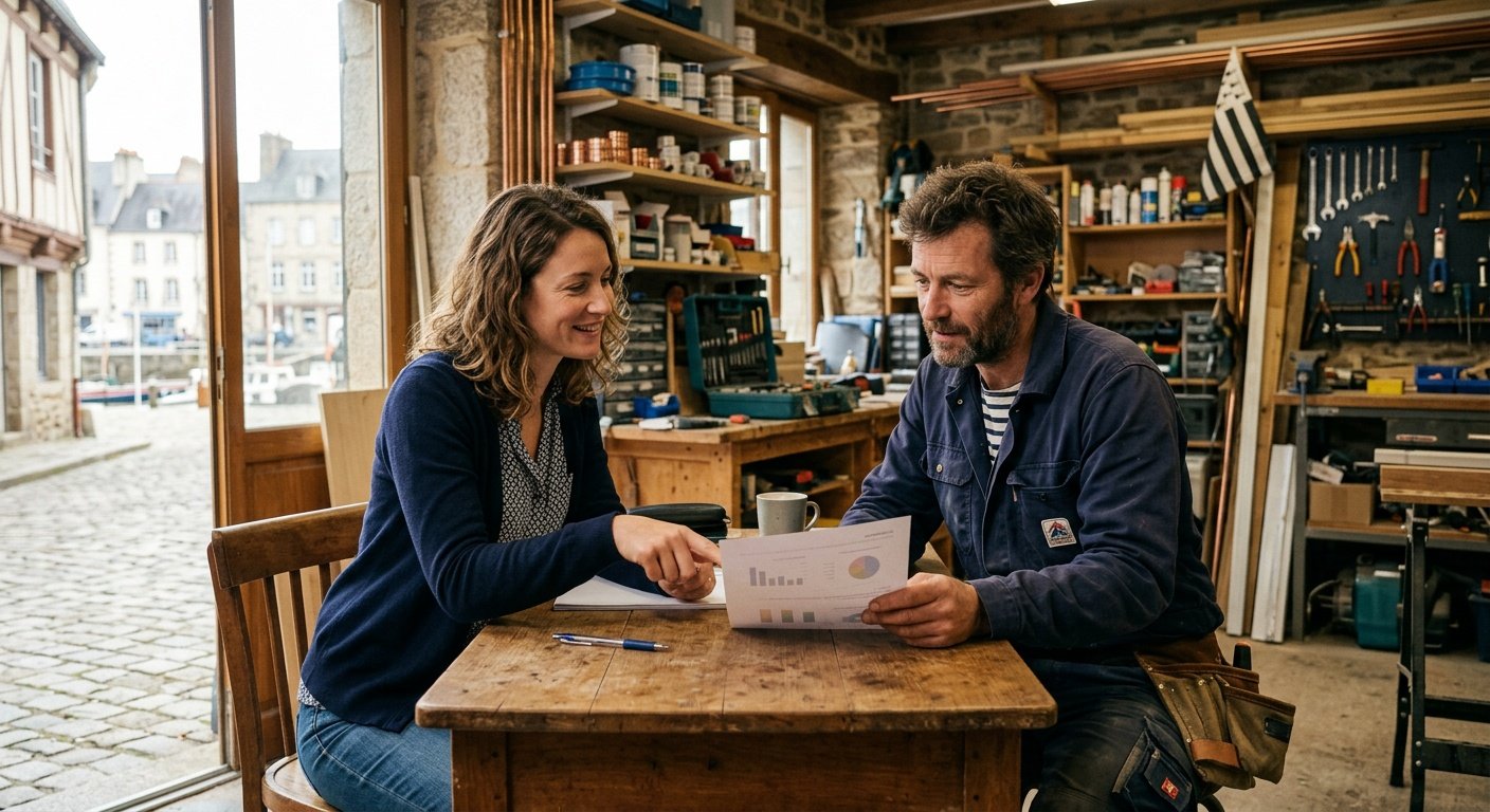 Consultant SEO local présentant un rapport de visibilité à un artisan | Optileo
