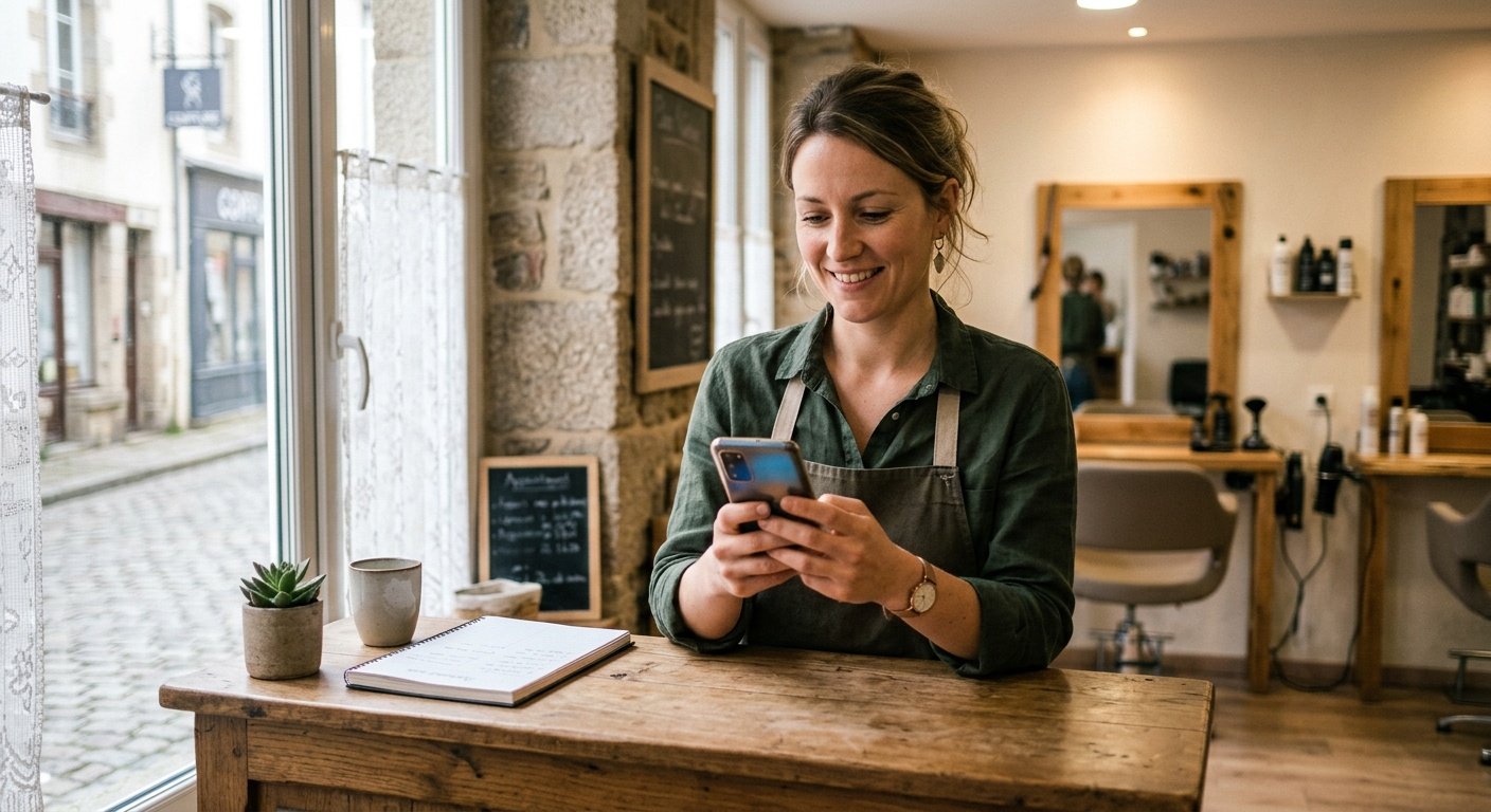 Coiffeuse bretonne mettant à jour sa fiche Google depuis son salon | Optileo