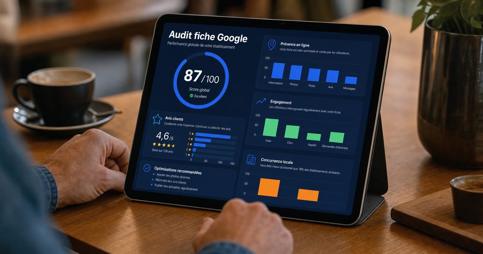 Artisan consultant un audit fiche Google sur tablette au cafe | Optileo