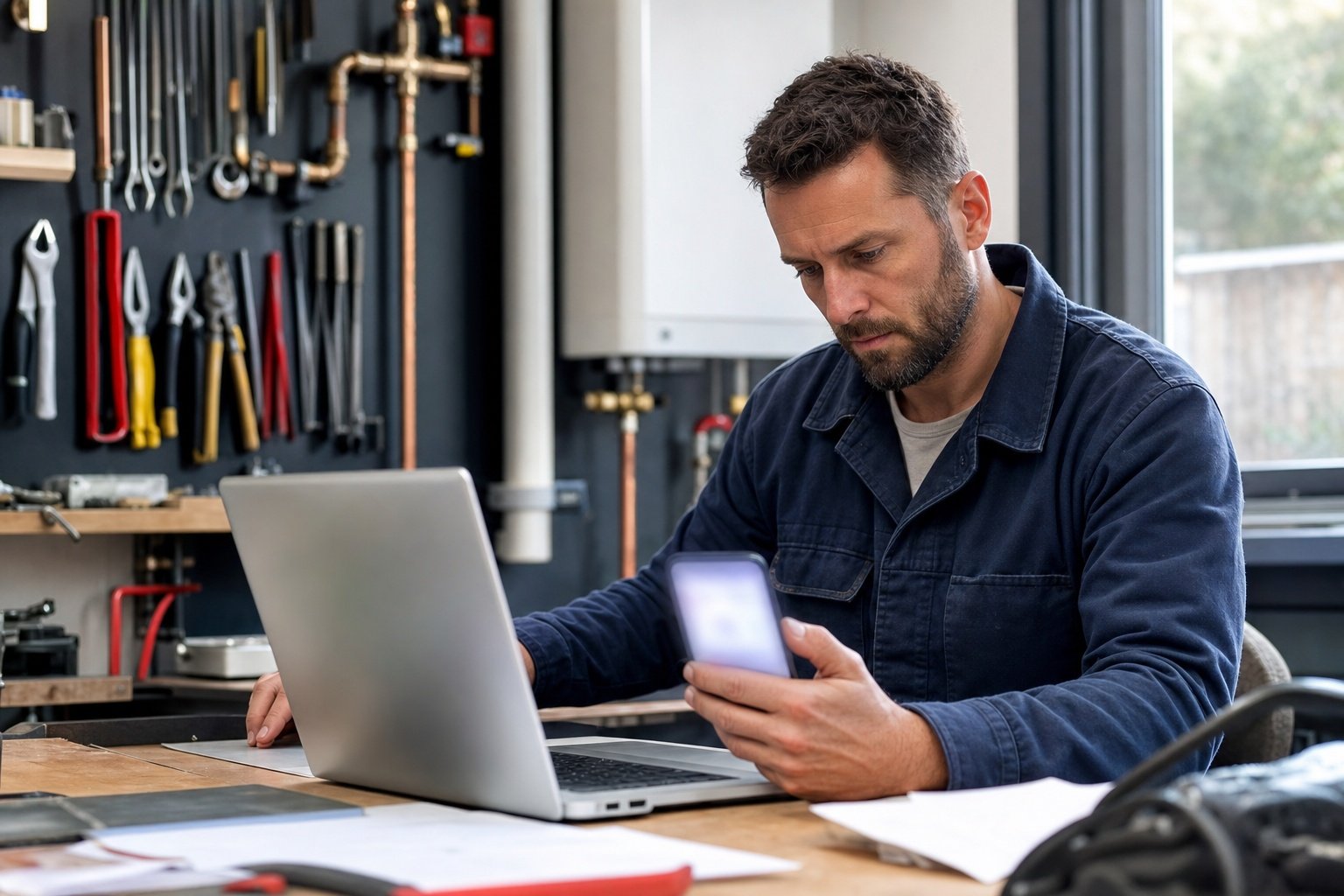 Artisan verifiant coherence NAP sur smartphone atelier Vannes | Optileo