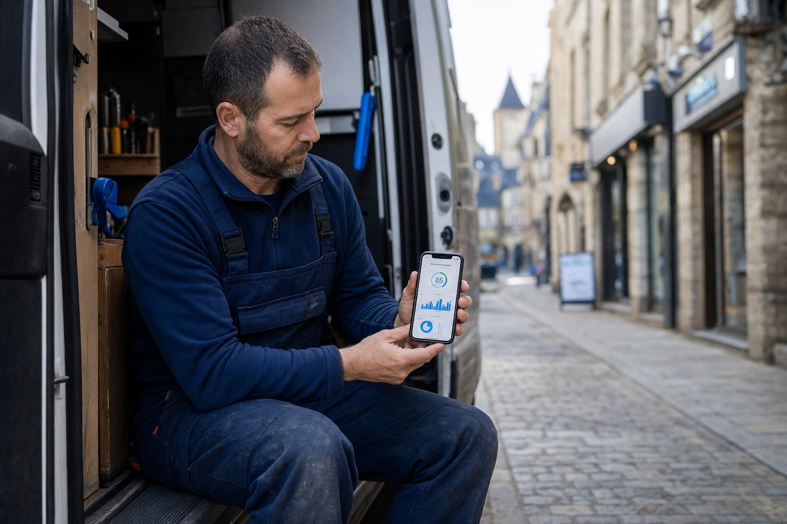 Artisan verifiant coherence NAP sur smartphone atelier Vannes | Optileo