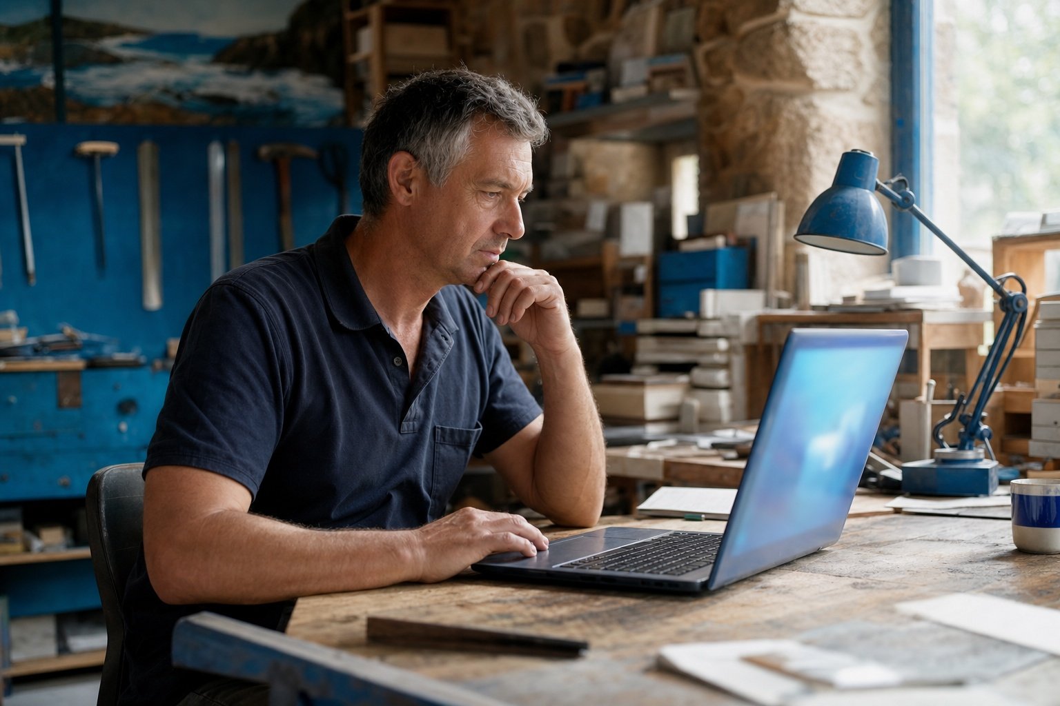 Artisan choisissant sa catégorie Google Business Profile sur ordinateur | Optileo