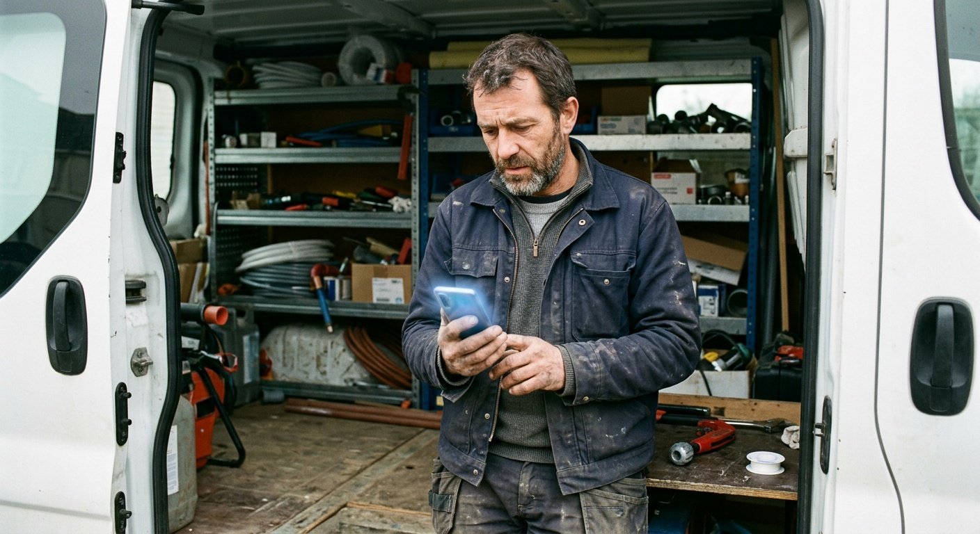 Artisan coiffure lisant notification avis client sur téléphone flou | Optileo