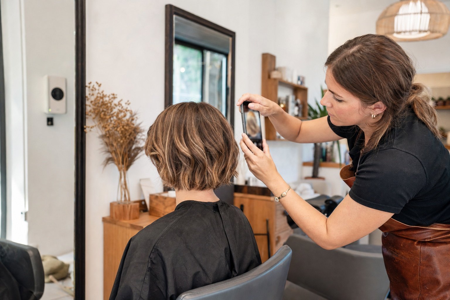 Coiffeuse consultant sa fiche Google Business sur smartphone dans son salon | Optileo