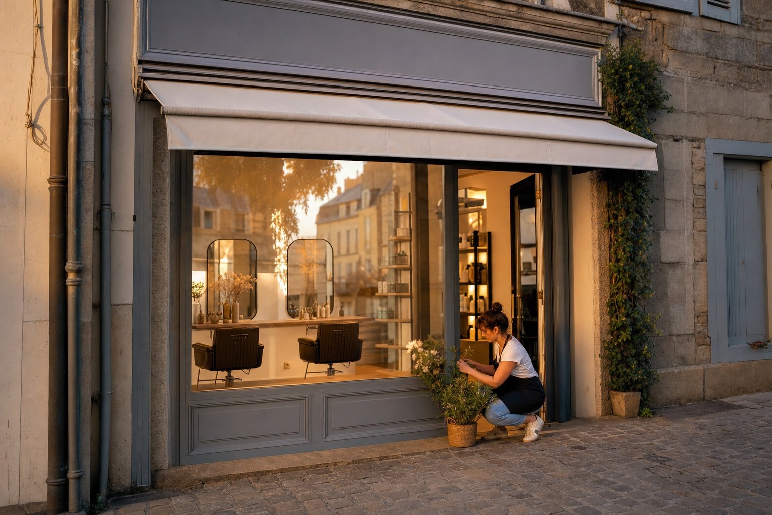 Devanture accueillante d'un salon de coiffure breton en fin de journée | Optileo