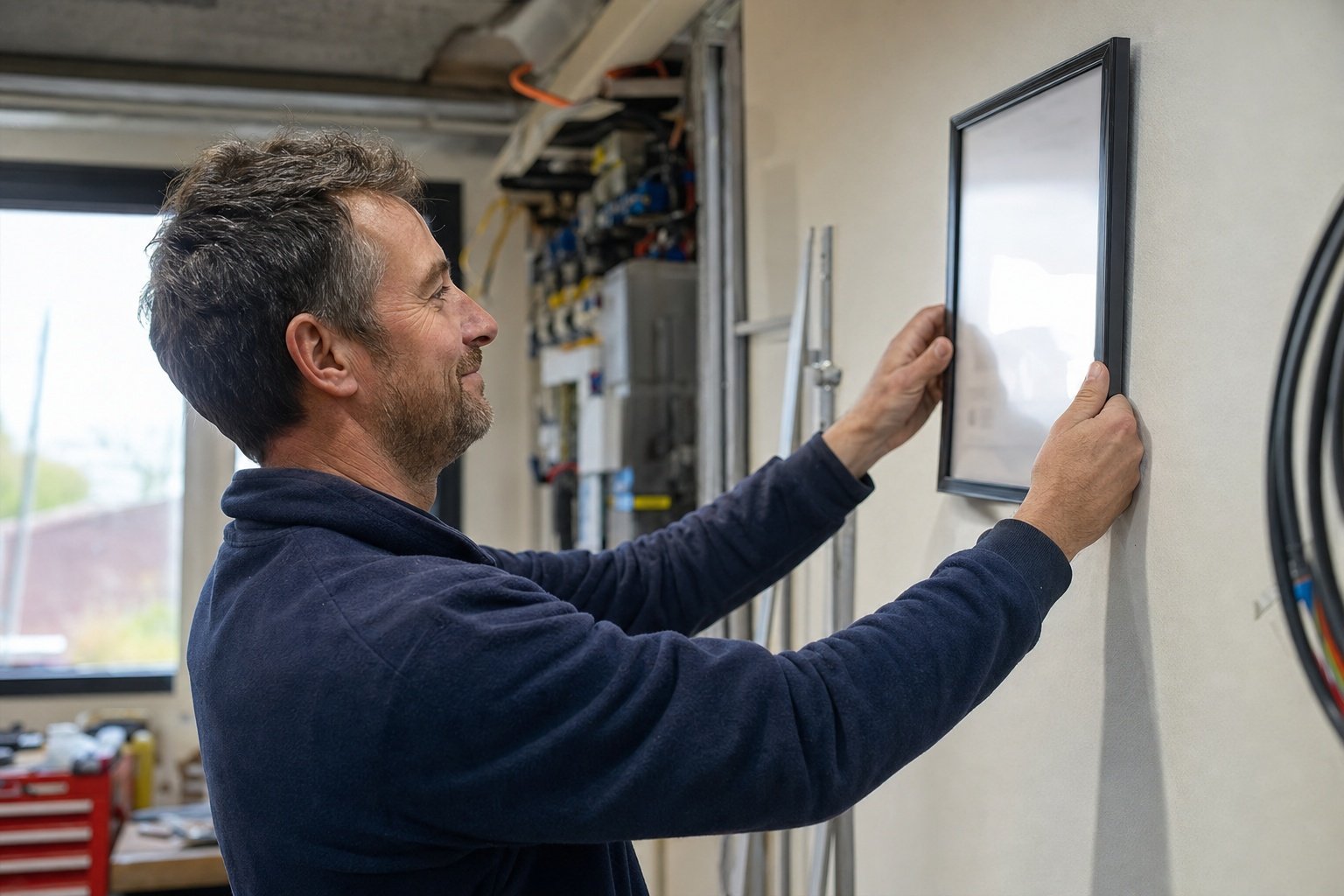 Électricien consultant sa fiche Google Business sur smartphone en atelier | Optileo