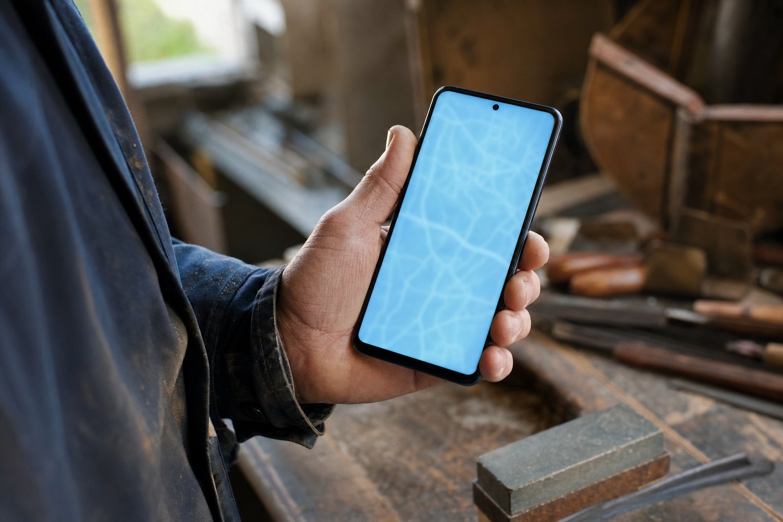 Artisan consultant sa fiche Google Maps sur smartphone en atelier | Optileo