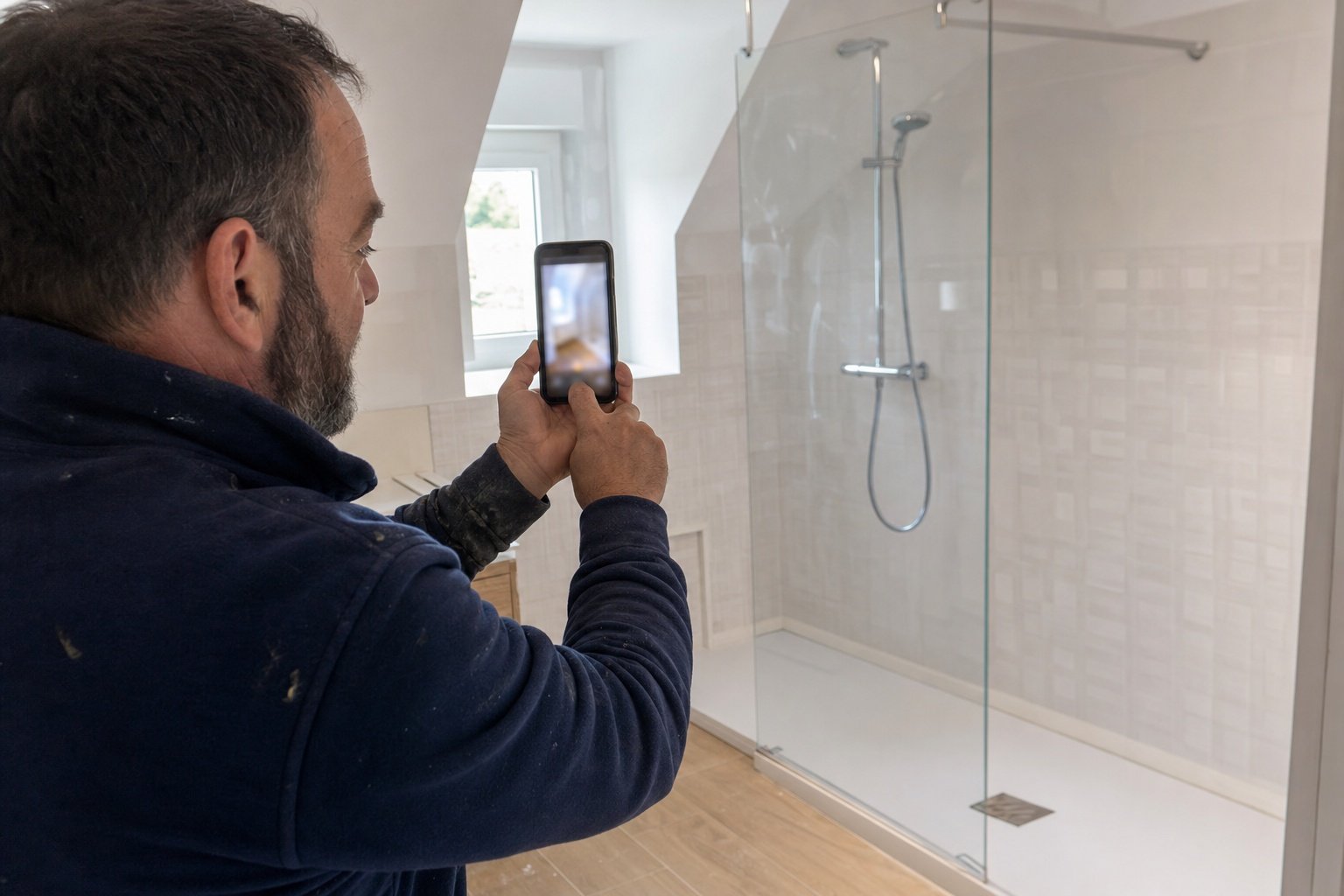 Plombier photographiant une salle de bain rénovée pour sa fiche Google | Optileo