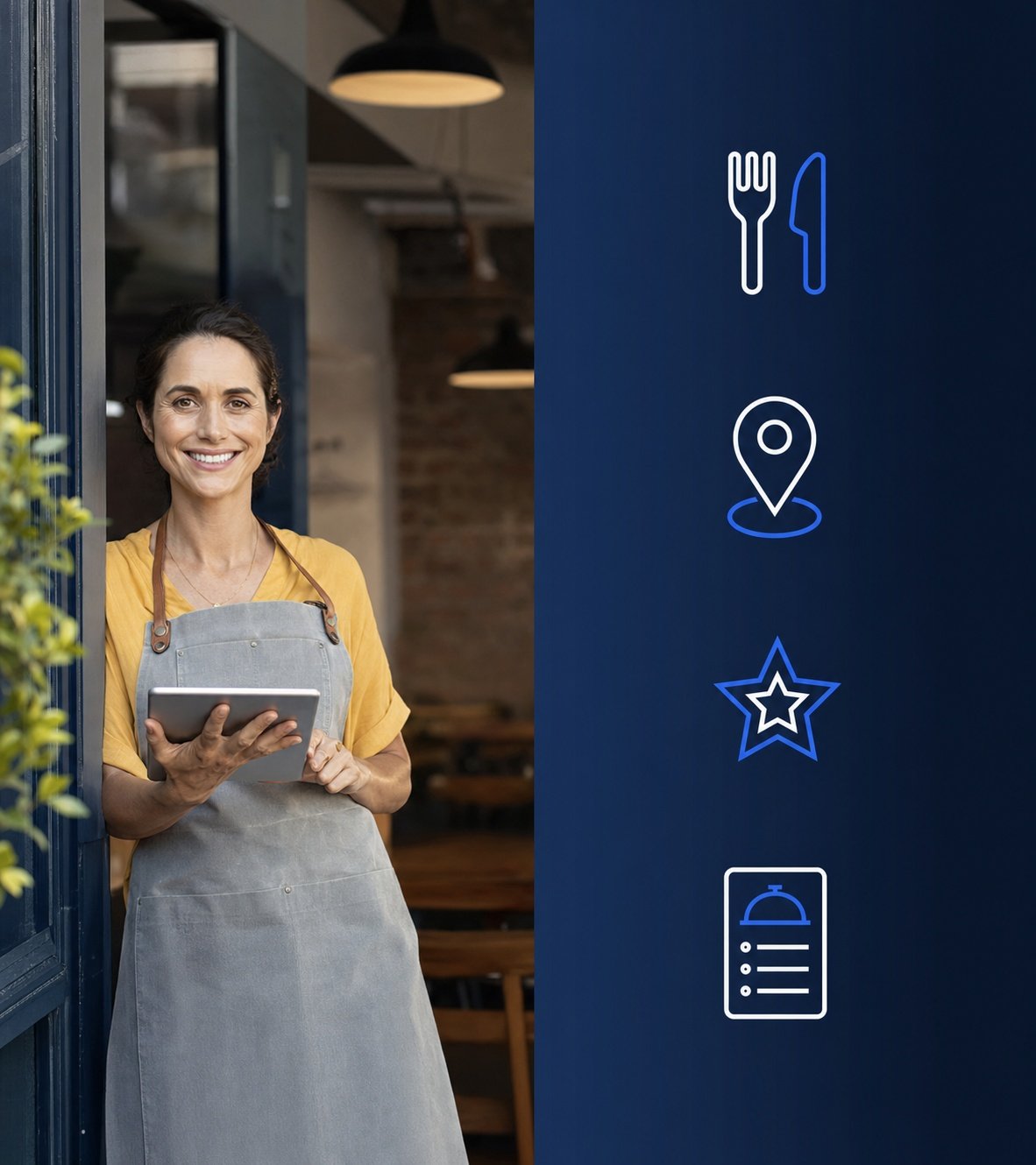 Restaurateur bretonne vérifiant sa fiche Google sur smartphone en salle | Optileo