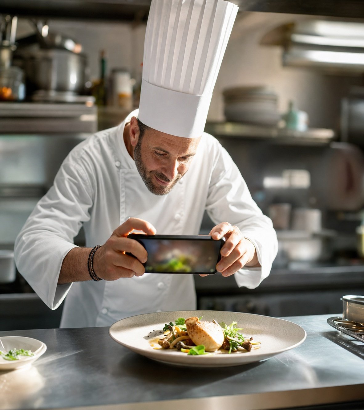 Restaurateur photographiant un plat pour sa fiche Google à Vannes | Optileo
