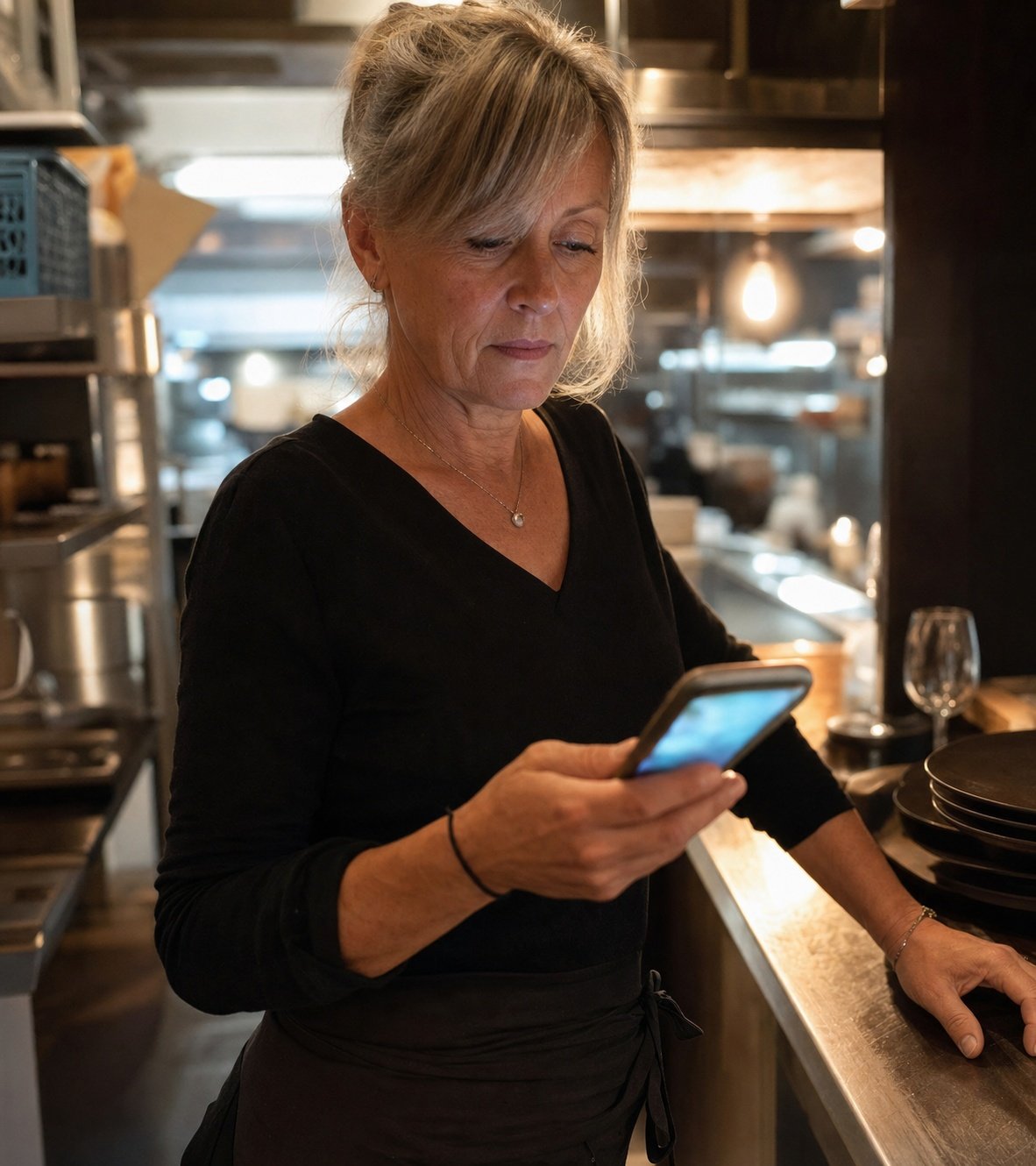 Restaurateur répondant à un avis client sur smartphone en cuisine à Lorient | Optileo