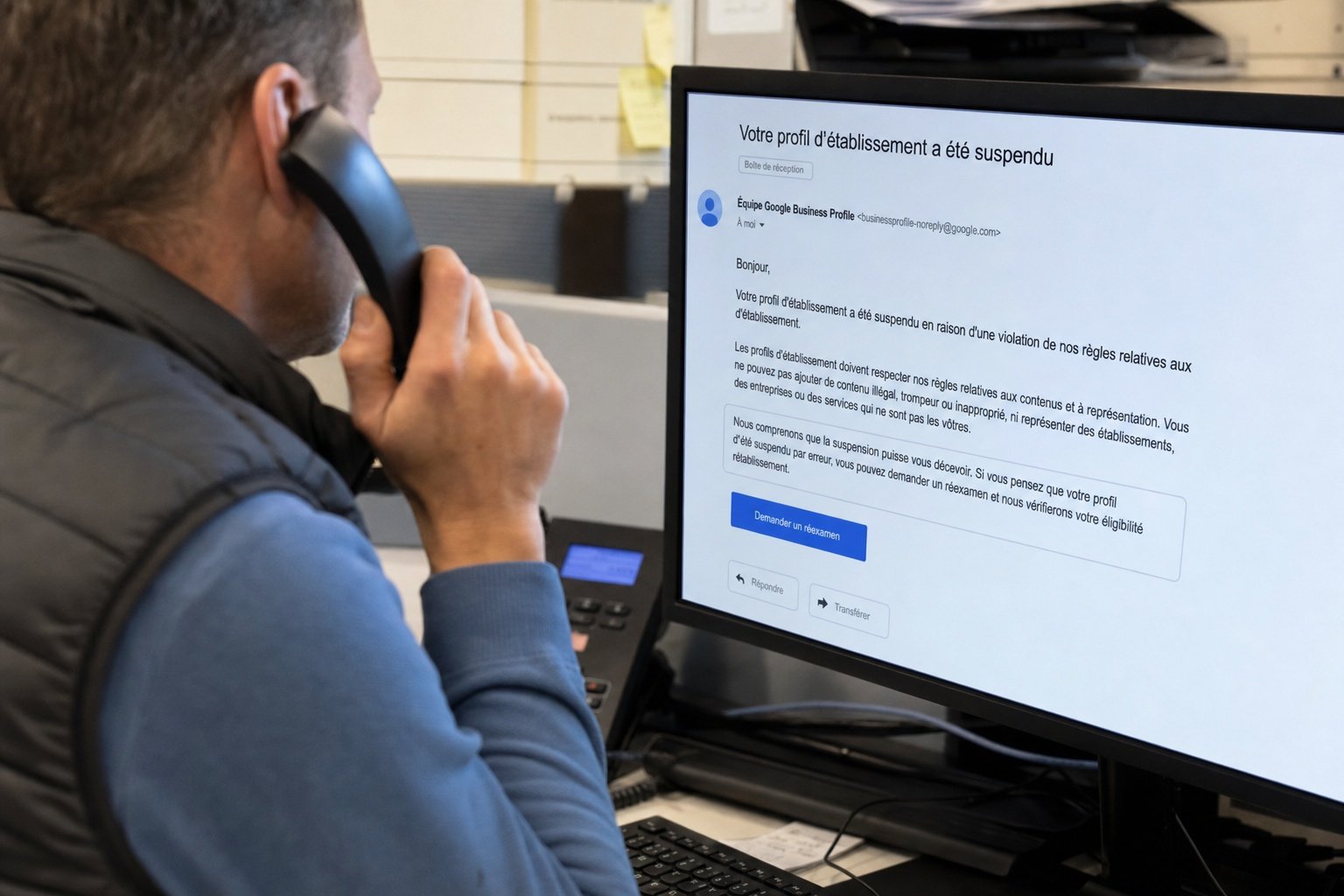 Artisan consultant un email Google fiche suspendue au telephone avec le support | Optileo