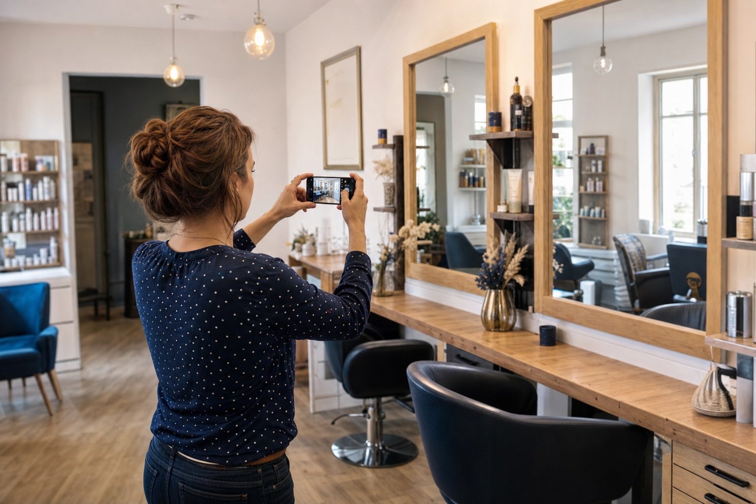 Coiffeuse bretonne ajoutant des photos sur sa fiche Google Business en atelier | Optileo