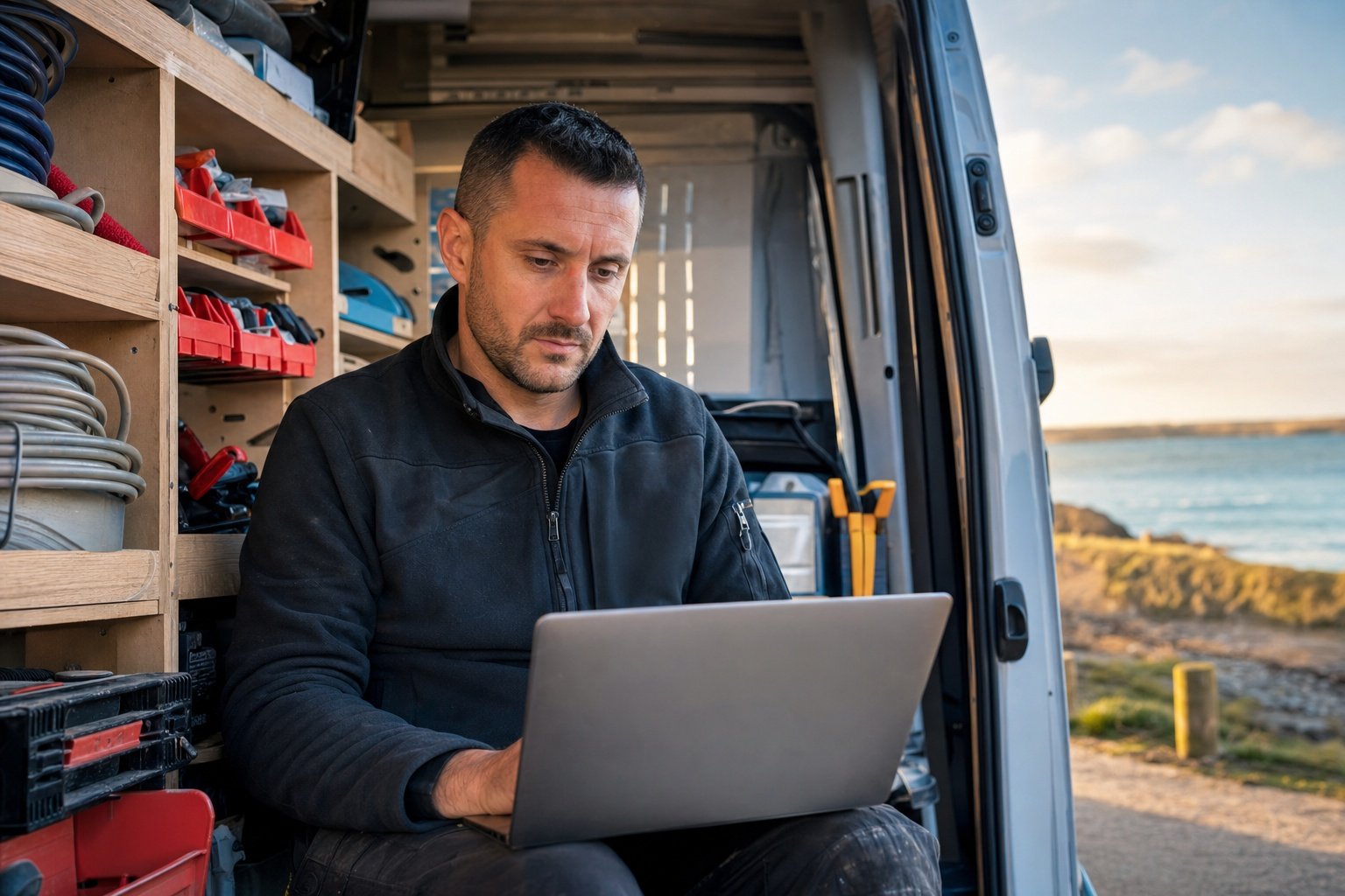 Artisan breton consultant les statistiques de sa fiche Google Business sur ordinateur | Optileo