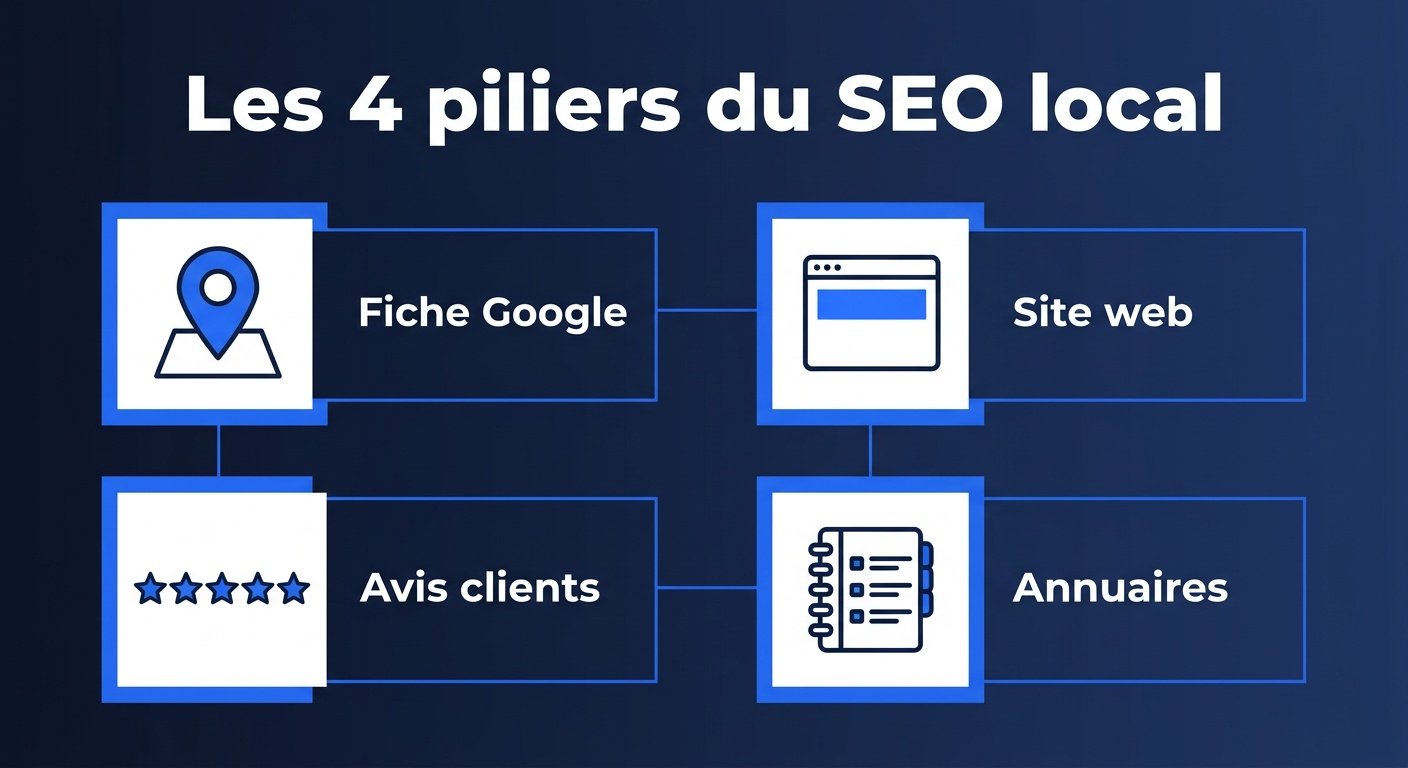 Schéma des 4 piliers du référencement local pour artisans | Optileo