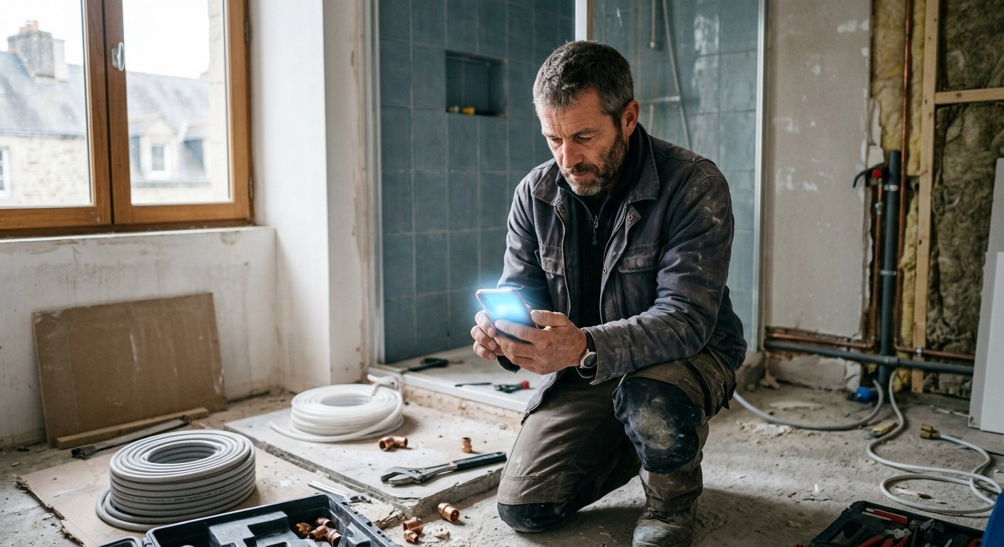 Plombier vérifiant sa fiche Google Business Profile sur chantier à Vannes | Optileo
